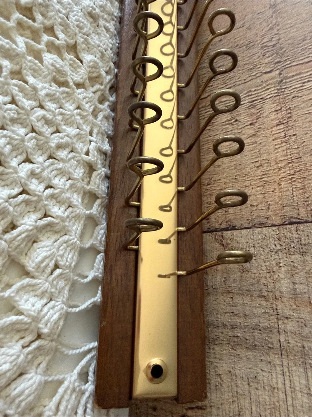 VTG MCM Wall-Mounted Tie/Belts or Necklace Rack, Wood and Brass